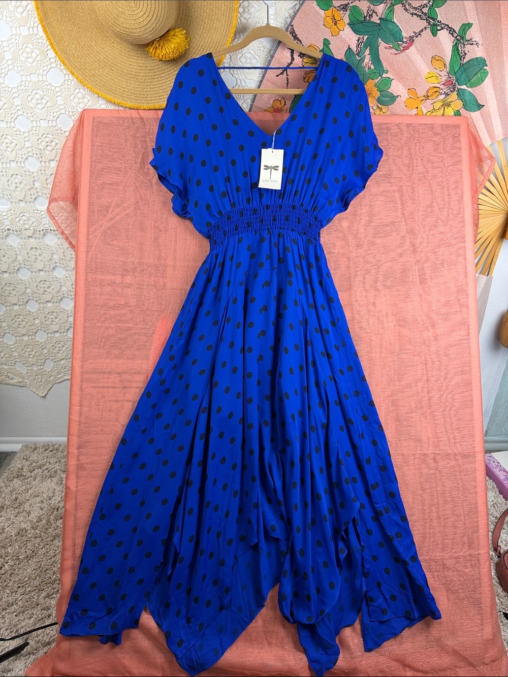 Tyler Boe Polka Dot Maxi Dress Royal Blue Asymmetrical Hem Dress Sz. S NEW